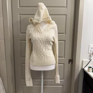 Y2K Coquette White Cable Knit V-Neck Pullover Hoodie Top